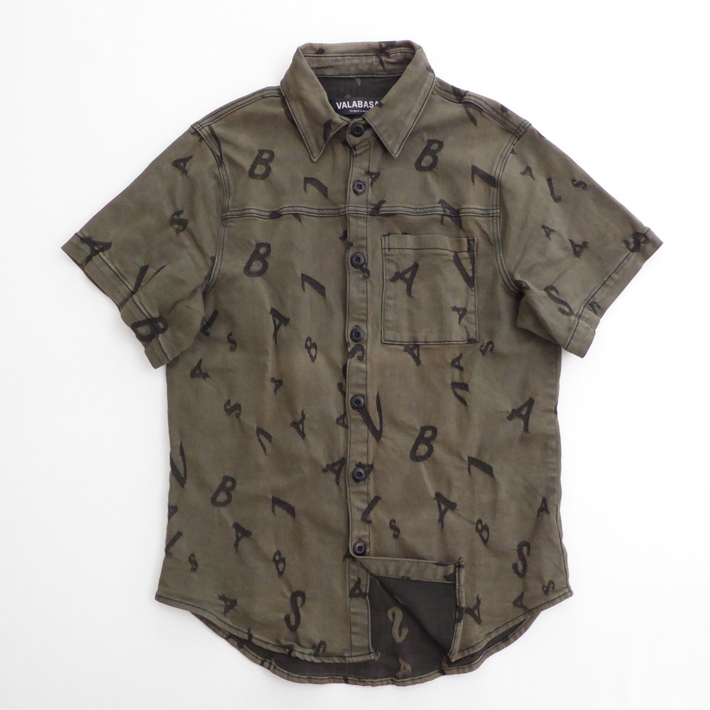 Valabasas Mens Short Sleeve Button Up Shacket Shirt Olive Green Monogram XL